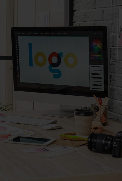 Logo displayed on a graphic artist's monitor with the word 'logo' as the phrase